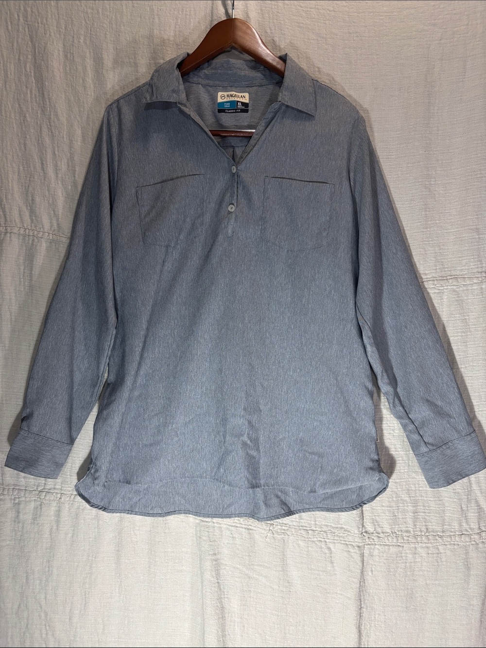 Magellan Outdoors Blue Long-Sleeve Tunic Shirt Classic Fit Fish Gear